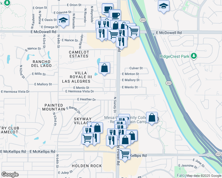 map of restaurants, bars, coffee shops, grocery stores, and more near 6701 East Hermosa Vista Drive in Mesa