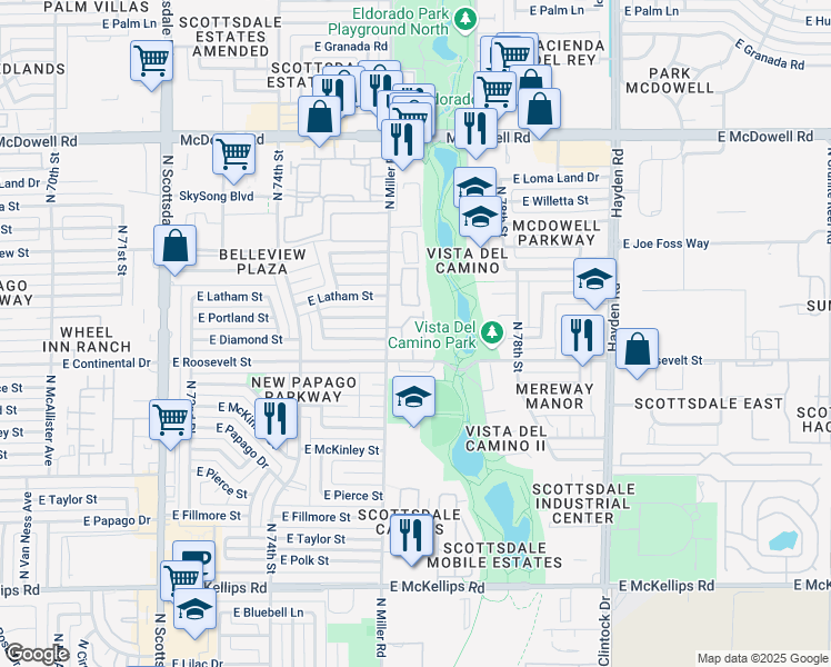 map of restaurants, bars, coffee shops, grocery stores, and more near 1075 North Miller Road in Scottsdale