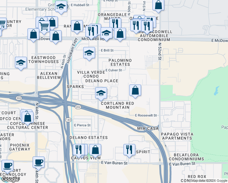 map of restaurants, bars, coffee shops, grocery stores, and more near 4848 East Roosevelt Street in Phoenix