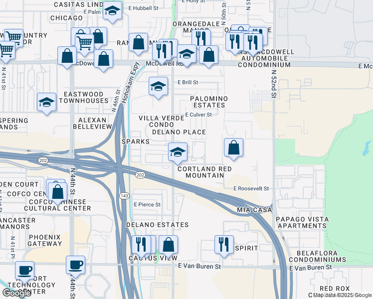 map of restaurants, bars, coffee shops, grocery stores, and more near 13 North 48th Street in Phoenix