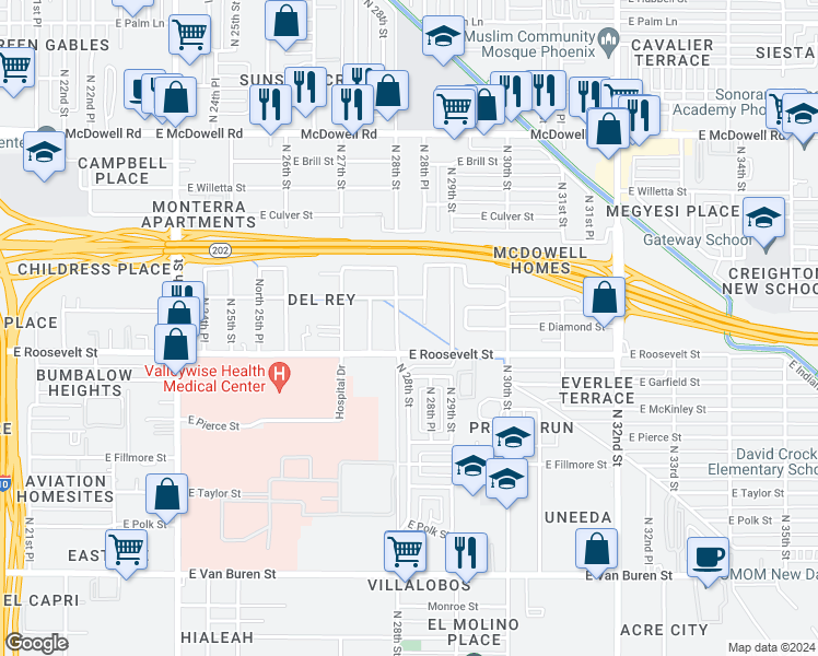 map of restaurants, bars, coffee shops, grocery stores, and more near 1015 North 28th Street in Phoenix