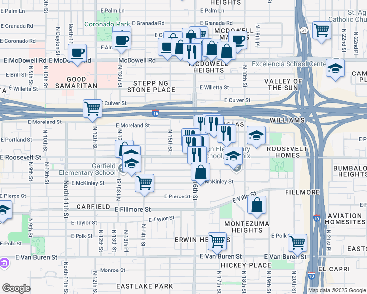 map of restaurants, bars, coffee shops, grocery stores, and more near 1530 East Roosevelt Street in Phoenix