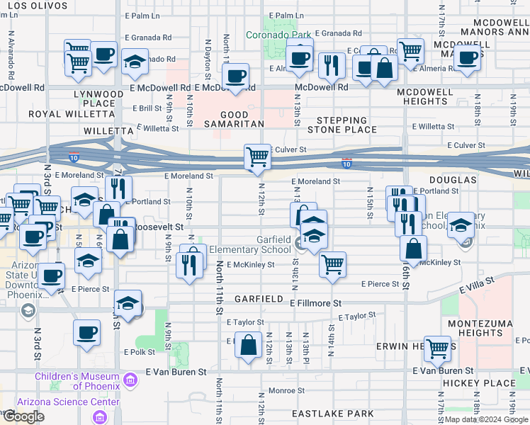 map of restaurants, bars, coffee shops, grocery stores, and more near 1210 East Roosevelt Street in Phoenix
