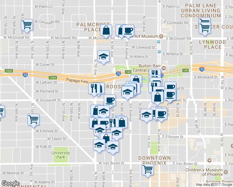 map of restaurants, bars, coffee shops, grocery stores, and more near 420 West Roosevelt Street in Phoenix