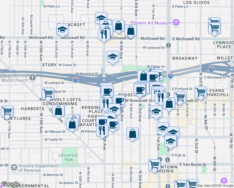 map of restaurants, bars, coffee shops, grocery stores, and more near 526 West Roosevelt Street in Phoenix