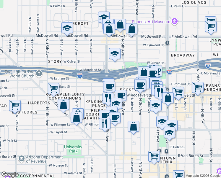 map of restaurants, bars, coffee shops, grocery stores, and more near 526 West Roosevelt Street in Phoenix