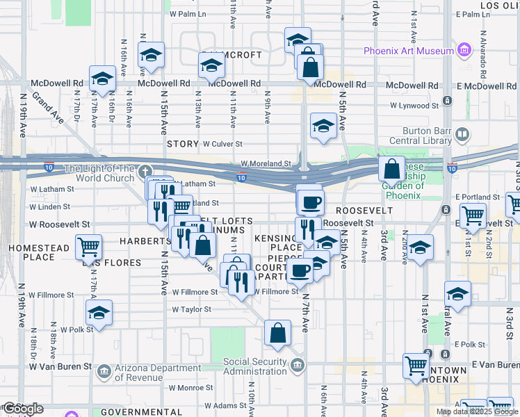map of restaurants, bars, coffee shops, grocery stores, and more near 922 West Roosevelt Street in Phoenix