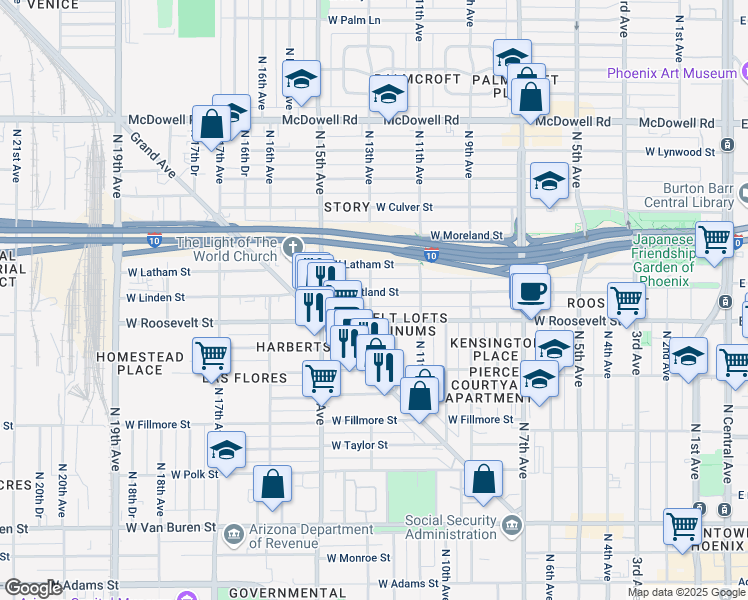 map of restaurants, bars, coffee shops, grocery stores, and more near 1003 North 13th Avenue in Phoenix