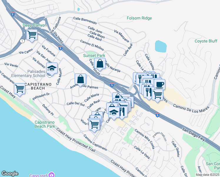 map of restaurants, bars, coffee shops, grocery stores, and more near 27031 Avenida Las Palmas in Dana Point