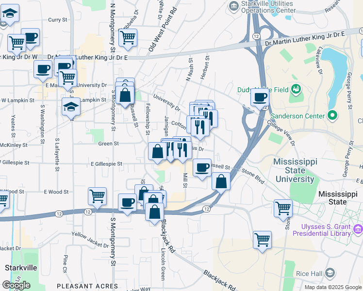 map of restaurants, bars, coffee shops, grocery stores, and more near 106 Baltzeggar Court in Starkville