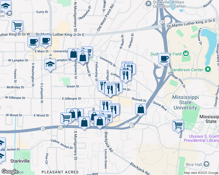 map of restaurants, bars, coffee shops, grocery stores, and more near 403 Russell Street in Starkville
