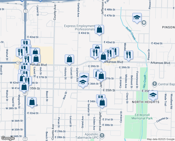 map of restaurants, bars, coffee shops, grocery stores, and more near 3716 Grand Avenue in Texarkana