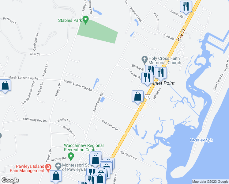 map of restaurants, bars, coffee shops, grocery stores, and more near 60 Brandy Mill Way in Pawleys Island