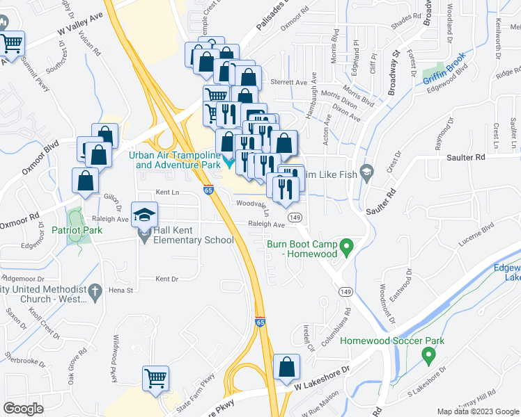 map of restaurants, bars, coffee shops, grocery stores, and more near 445 Woodvale Lane in Birmingham
