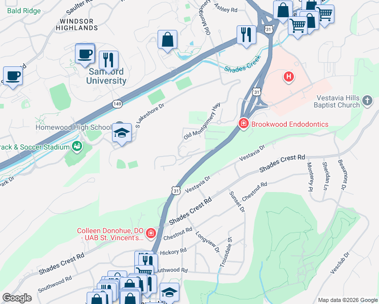 map of restaurants, bars, coffee shops, grocery stores, and more near 186 Old Montgomery Highway in Birmingham