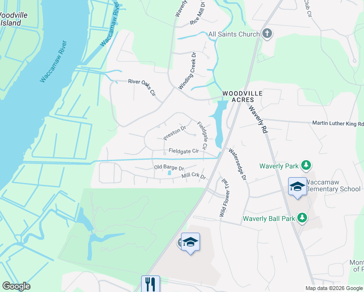 map of restaurants, bars, coffee shops, grocery stores, and more near 206 Fieldgate Circle in Pawleys Island