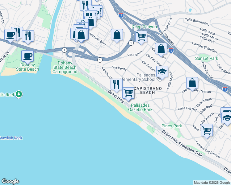 map of restaurants, bars, coffee shops, grocery stores, and more near 34656 Pacific Coast Highway in Dana Point