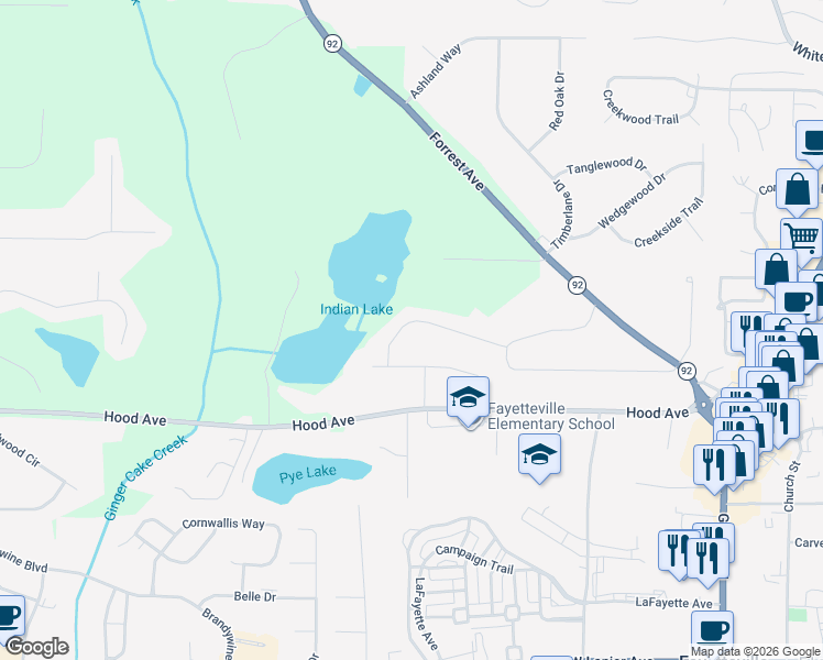map of restaurants, bars, coffee shops, grocery stores, and more near 260 Winona Drive in Fayetteville
