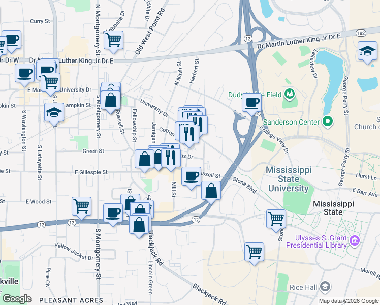 map of restaurants, bars, coffee shops, grocery stores, and more near 200 Maxwell Street in Starkville