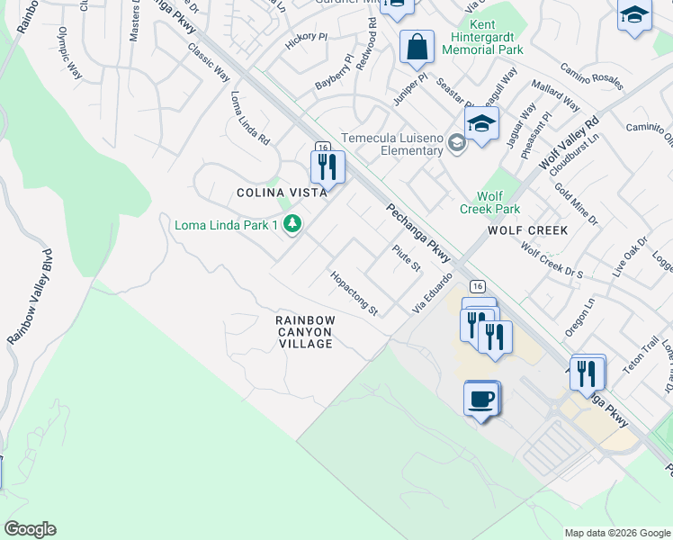 map of restaurants, bars, coffee shops, grocery stores, and more near 45620 Hopactong Street in Temecula