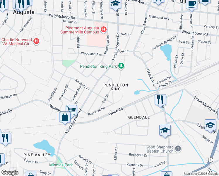 map of restaurants, bars, coffee shops, grocery stores, and more near 1716 Oak Drive in Augusta