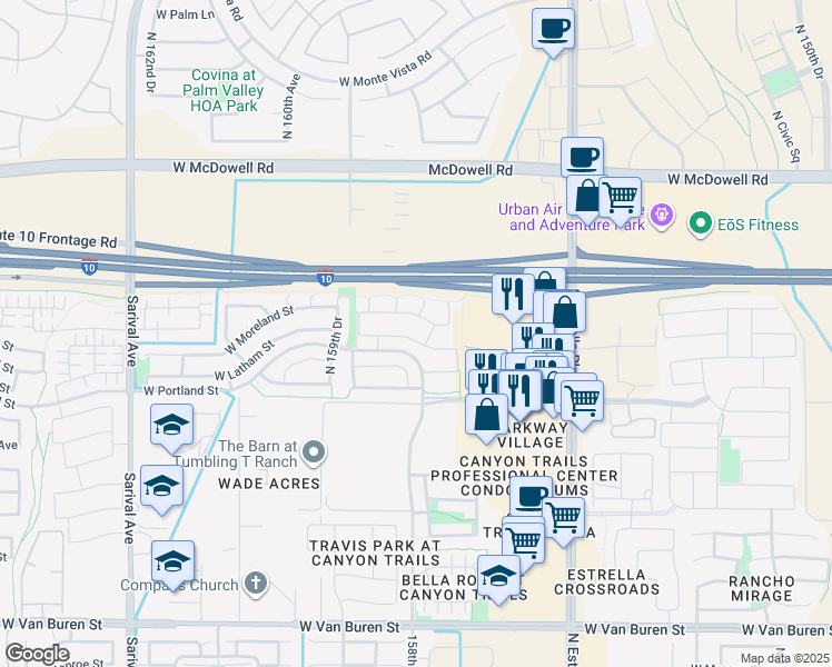 map of restaurants, bars, coffee shops, grocery stores, and more near 15769 West Latham Street in Goodyear