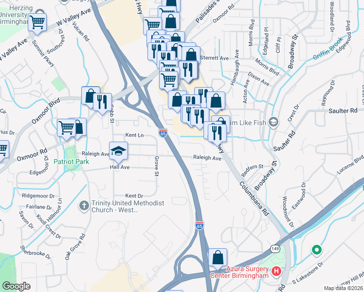 map of restaurants, bars, coffee shops, grocery stores, and more near 408 Raleigh Avenue in Birmingham