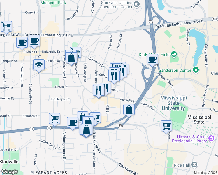 map of restaurants, bars, coffee shops, grocery stores, and more near 50 Holtsinger Avenue in Starkville