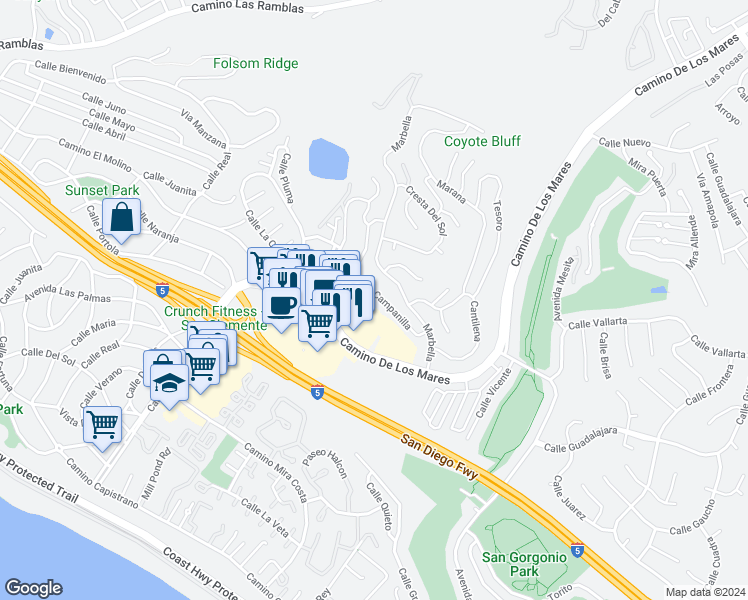map of restaurants, bars, coffee shops, grocery stores, and more near 23 Campanilla in San Clemente