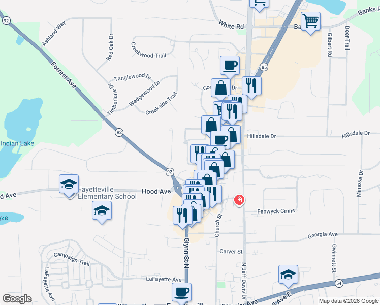 map of restaurants, bars, coffee shops, grocery stores, and more near 125 Habersham Drive in Fayetteville
