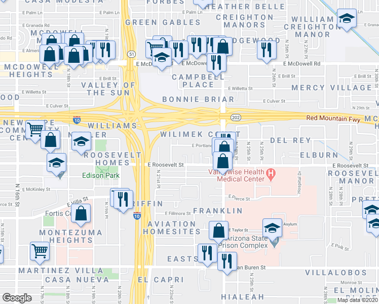 map of restaurants, bars, coffee shops, grocery stores, and more near 2232 East Roosevelt Street in Phoenix