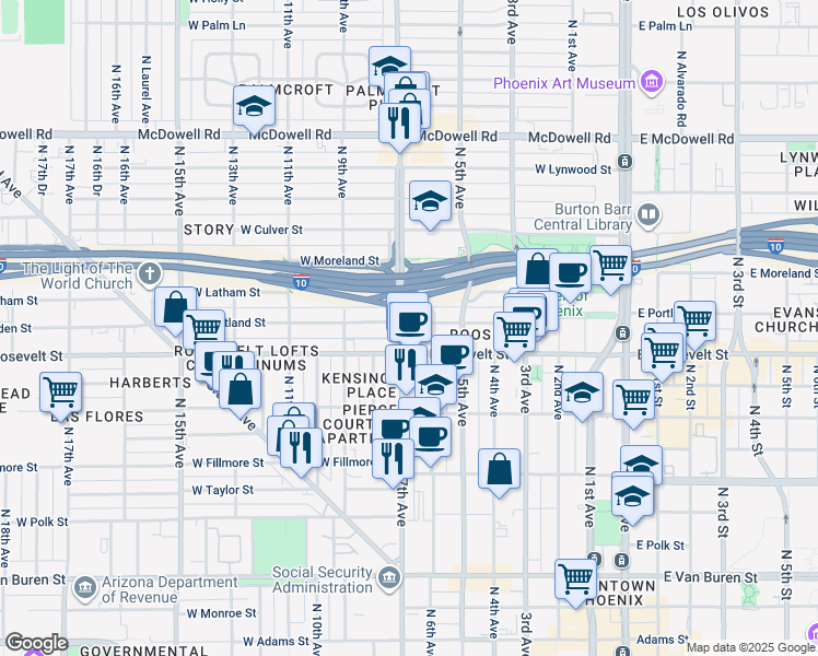 map of restaurants, bars, coffee shops, grocery stores, and more near in Phoenix