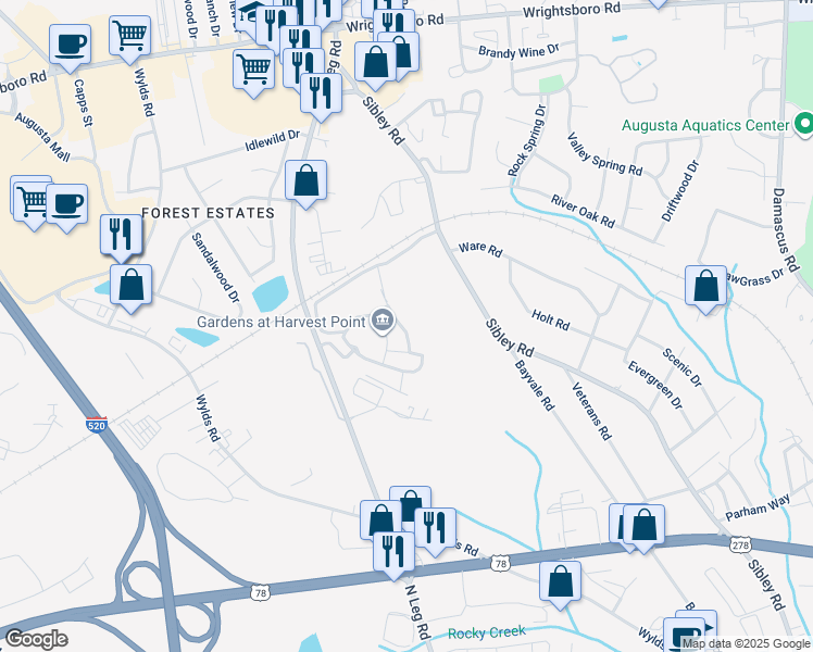 map of restaurants, bars, coffee shops, grocery stores, and more near 1901 Harvest Point Way in Augusta