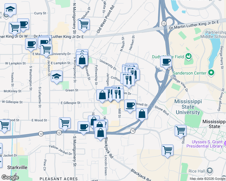 map of restaurants, bars, coffee shops, grocery stores, and more near 106 Baltzeggar Court in Starkville