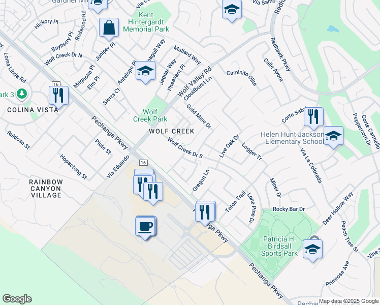 map of restaurants, bars, coffee shops, grocery stores, and more near 45754 Wolf Creek Drive South in Temecula
