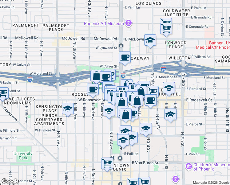 map of restaurants, bars, coffee shops, grocery stores, and more near 121 West Portland Street in Phoenix