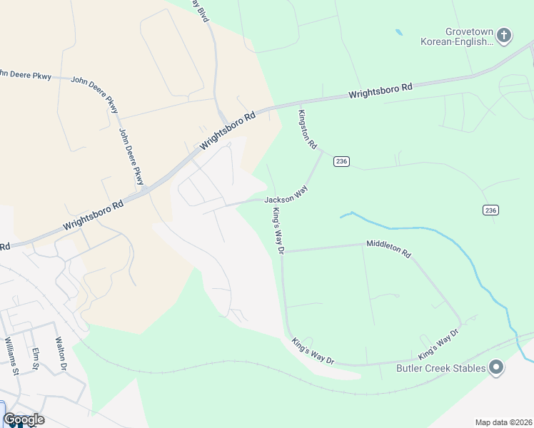 map of restaurants, bars, coffee shops, grocery stores, and more near 251 King's Way Drive in Grovetown