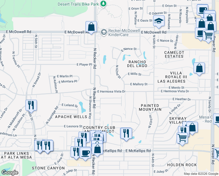 map of restaurants, bars, coffee shops, grocery stores, and more near 6109 East Hermosa Vista Drive in Mesa