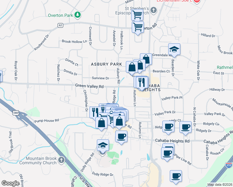 map of restaurants, bars, coffee shops, grocery stores, and more near 4017 Dolly Ridge Road in Vestavia Hills