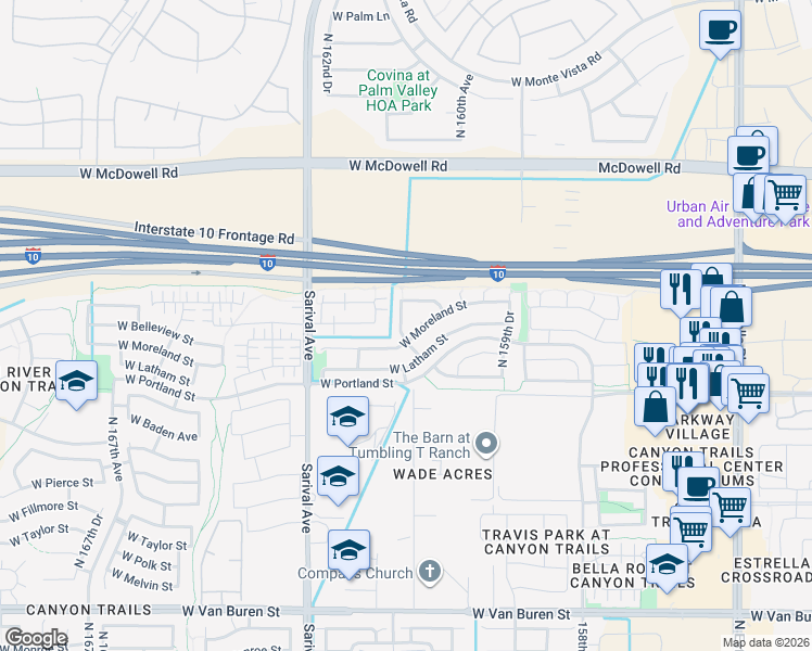 map of restaurants, bars, coffee shops, grocery stores, and more near 1249 North 161st Avenue in Goodyear