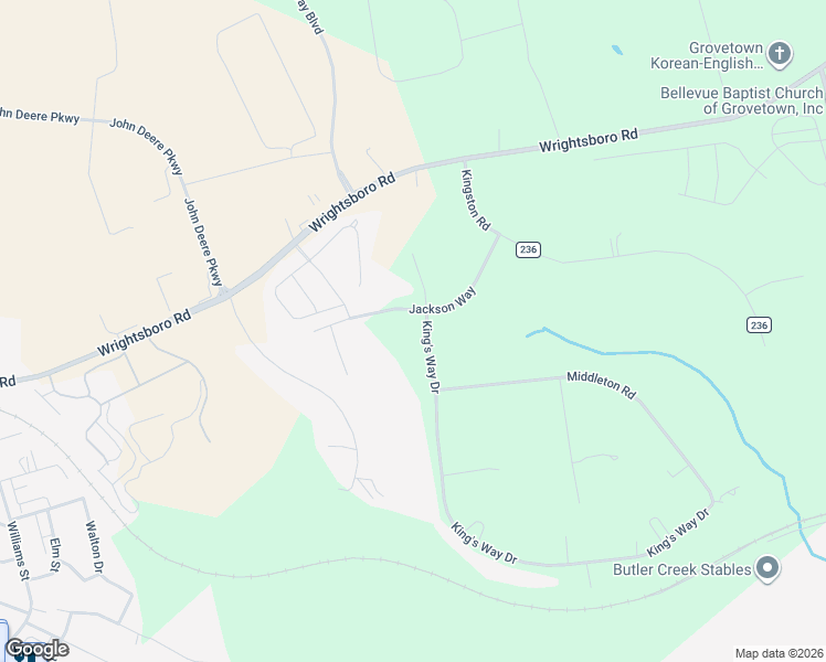 map of restaurants, bars, coffee shops, grocery stores, and more near 251 King's Way Drive in Grovetown