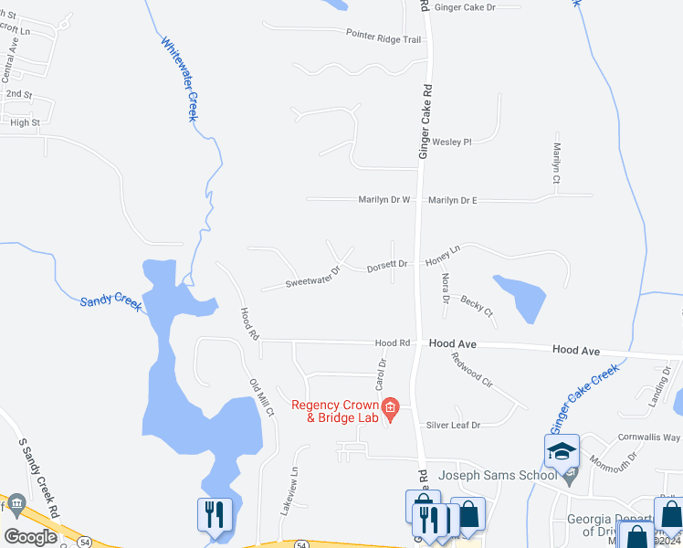 map of restaurants, bars, coffee shops, grocery stores, and more near 130 Sweetwater Drive in Fayetteville