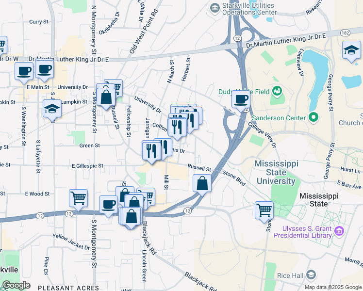 map of restaurants, bars, coffee shops, grocery stores, and more near 109 Maxwell Street in Starkville