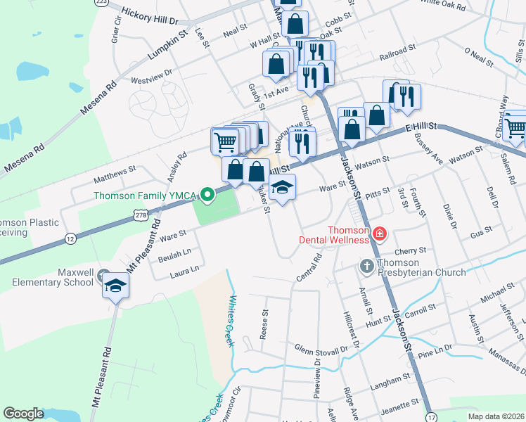 map of restaurants, bars, coffee shops, grocery stores, and more near 507 Ware Street in Thomson