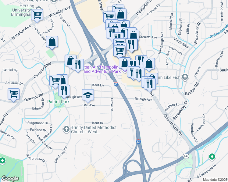 map of restaurants, bars, coffee shops, grocery stores, and more near 613 Grove Street in Birmingham