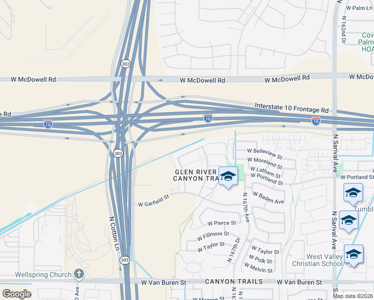 map of restaurants, bars, coffee shops, grocery stores, and more near 16871 West Belleview Street in Goodyear