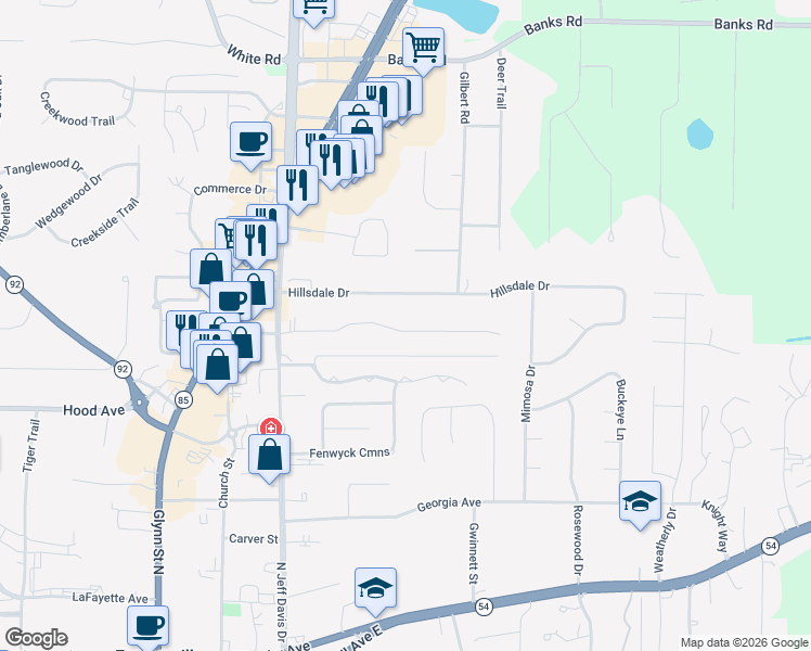 map of restaurants, bars, coffee shops, grocery stores, and more near 480 Jefferson Avenue in Fayetteville