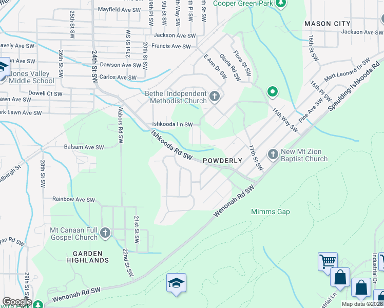 map of restaurants, bars, coffee shops, grocery stores, and more near 2416 Ishkooda Road Southwest in Birmingham