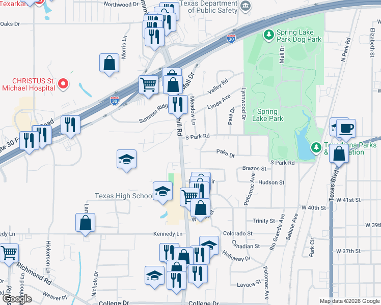map of restaurants, bars, coffee shops, grocery stores, and more near 4412 Summerhill Road in Texarkana