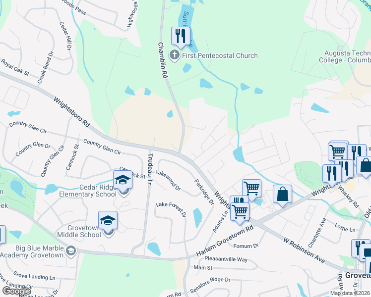 map of restaurants, bars, coffee shops, grocery stores, and more near 770 Chamblin Road in Grovetown